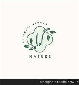 Nature Letter U logo. Green vector logo design botanical floral leaf with initial letter logo icon for nature business.