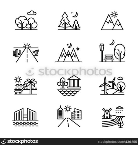 Nature line art landscapes with tree forest, desert, valley, mountains and seashore. Vector nature forest and beach, desert and landscape valley illustration. Nature line art landscapes with tree forest, desert, valley, mountains and seashore