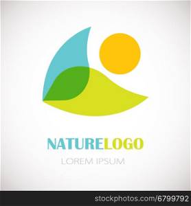 Nature logo - fresh green leaf, blue water and orange sun elements on white background