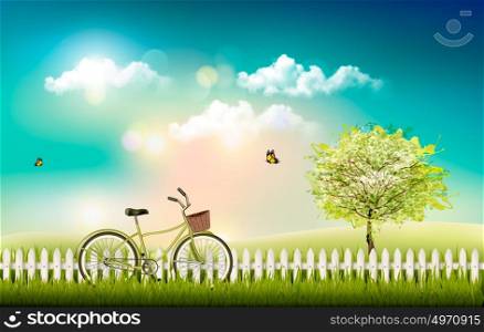 Nature meadow landscape with a bicycle. Vector.