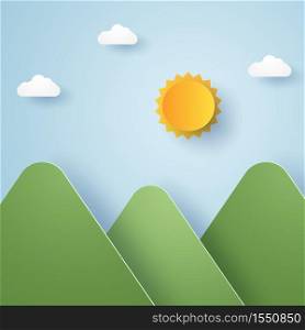 Nature mountain with sun and sky background, paper art style