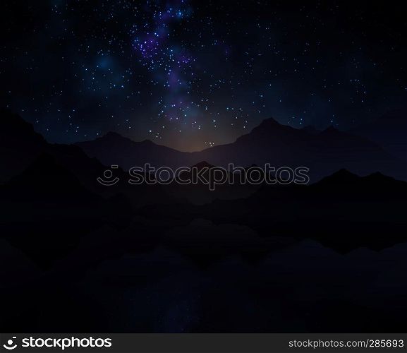Nature night vector background with starry sky, mountains and water surface. Landscape and mountain with cosmos starlight sky illustration. Nature night vector background with starry sky, mountains and water surface