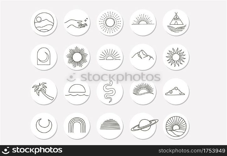 nature object collection with sun,mountain,cloud for social media,sticker