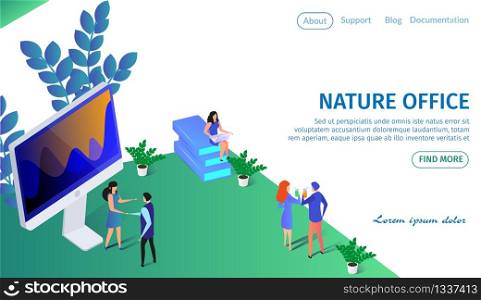 Nature Office Horizontal Banner with Copy Space. Business People Working Open Air. Man and Woman Shaking Hands at Huge Monitor. Girl with Laptop Sit on Books. 3d Flat Vector Isometric Illustration.. Business People Working in Open Air Office.