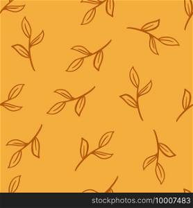 Nature organic seamless patten with simple random outline leaf branches shapes. Orange background. Decorative backdrop for fabric design, textile print, wrapping, cover. Vector illustration.. Nature organic seamless patten with simple random outline leaf branches shapes. Orange background.