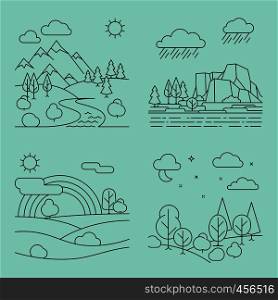 Nature outline landscapes with mountains fields and river. Vector illustration. Nature outline landscapes vector