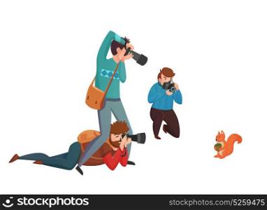 Nature Photographer Vector Illustration. Nature photographer design concept with three men with camera shooting squirrel flat vector illustration