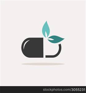 Nature pill. Icon with shadow on a beige background. Pharmacy flat vector illustration