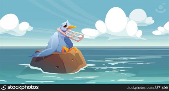 Nature pollution eco concept. Unhappy bird with plastic garbage on neck. Gull sitting on rock in sea trapped in garbage floating in ocean water. Save Earth and Wild animals Cartoon vector illustration. Nature pollution eco concept, bird with plastic