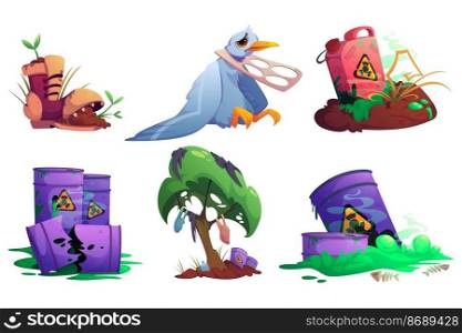 Nature pollution, environment contamination with toxic wastes and plastic. Sprouts grow in old boot, trash hang on tree, unhappy bird stuck in garbage, barrels with poisonous liquid Cartoon vector set. Nature pollution, environment contamination wastes