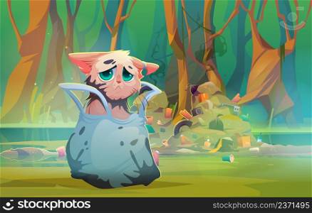 Nature pollution, save Earth planet environmental concept. Dirty sad cat stained with oil sitting in plastic bag at contaminated forest pond with piles of garbage around, Cartoon vector illustration. Nature pollution, save Earth planet eco concept
