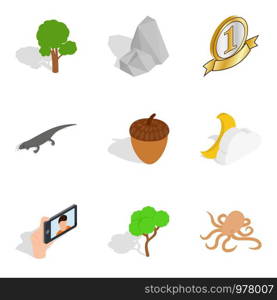 Nature preserve icons set. Isometric set of 9 nature preserve vector icons for web isolated on white background. Nature preserve icons set, isometric style