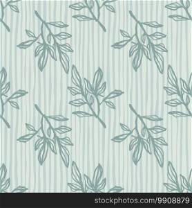 Nature print with branches seamless pattern. Navy contoured botanic ornament with light blue stripped background. Creative print for wallpaper, textile, wrapping , fabric print. Vector illustration.. Nature print with branches seamless pattern. Navy contoured botanic ornament with light blue stripped background.