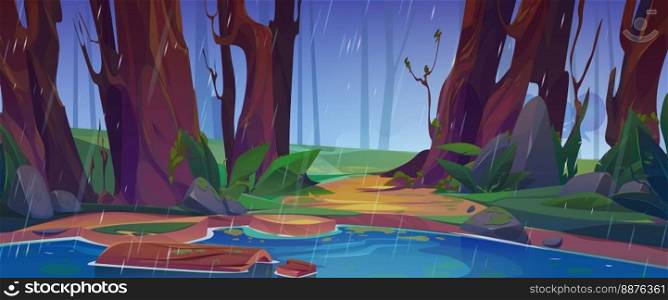 Nature rainy scene with lake. Summer landscape with green trees, grass, bushes, pond and wooden log in water. Glade, river coast under raindrops, vector cartoon illustration. Nature rainy scene with lake, green trees, grass
