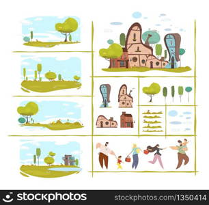 Nature Scene and Natural Elements Trendy Flat Set. Different Houses Collection. Adult People and Children Animated Characters DIY Kit. Cartoon Village or Countryside. Vector Craft Illustration. Nature Scene Set, Different Houses, People DIY Kit