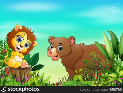 Nature scene with a lion sitting on tree stump and bear