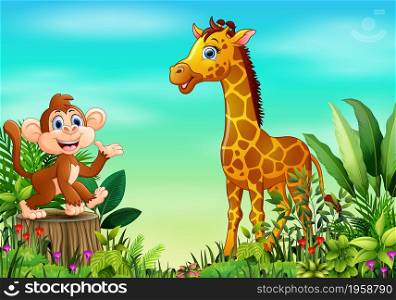 Nature scene with a monkey sitting on tree stump and giraffe