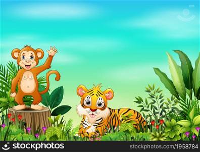 Nature scene with a monkey standing on tree stump and tiger