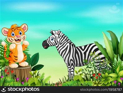 Nature scene with a tiger standing on tree stump and zebra