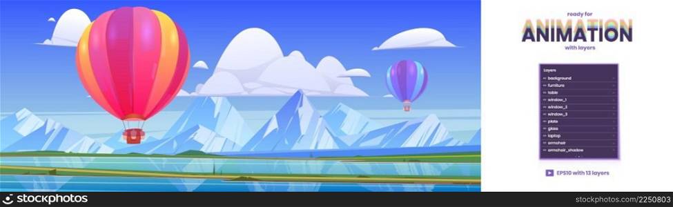Nature scene with flying hot air balloon, lake and mountains on horizon. Cartoon landscape with rocks and airships with basket fly over river. Vector backdrop ready for animation with parallax effect. Parallax background with flying hot air balloons