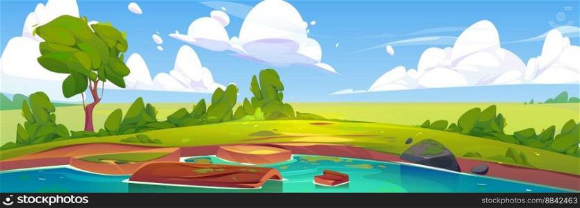 Nature scene with lake. Summer landscape with green trees, grass, bushes, pond and wooden log in water. Fields, river coast and clouds in sky, vector cartoon illustration. Nature scene with lake, green trees, grass