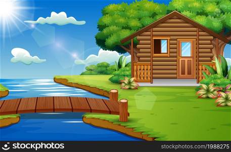 Nature scene with wooden houses on the edge of the river