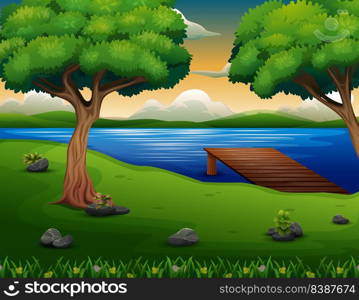 Nature scene with wooden Jetty on the lake background 