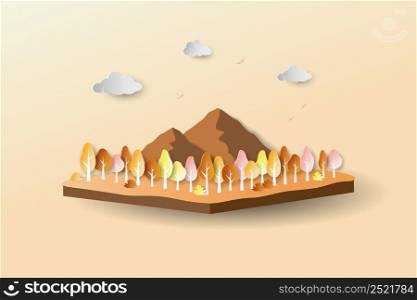 Nature scenery autumn forest on isometric landscape,colorful trees and leaves on paper cut and craft style,vector illustration