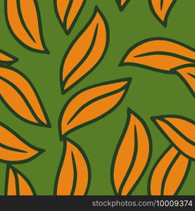 Nature seamless bright pattern with orange leaves random print. Green background. Scrapbook botany ornament. Designed for fabric design, textile print, wrapping, cover. Vector illustration.. Nature seamless bright pattern with orange leaves random print. Green background. Scrapbook botany ornament.