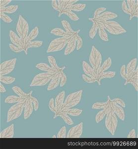 Nature seamless doodle pattern with hand drawn grey outline leaves ornament. Blue background. Decorative backdrop for fabric design, textile print, wrapping, cover. Vector illustration. Nature seamless doodle pattern with hand drawn grey outline leaves ornament. Blue background.