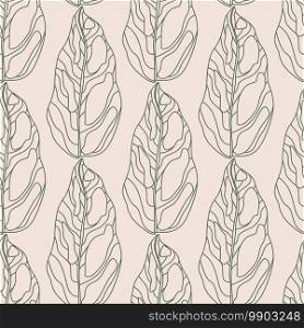 Nature seamless doodle pattern with outline leaves ornament. Contoured abstract foliage on light pink background. Designed for fabric design, textile print, wrapping, cover. Vector illustration.. Nature seamless doodle pattern with outline leaves ornament. Contoured abstract foliage on light pink background.