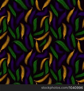 Nature seamless pattern of palms. Mardi Gras colors.. Nature seamless pattern of palms or feather. Color of Mardi Gras.