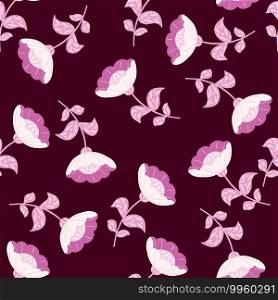Nature seamless pattern with bright random lilac folk flowers print. Dark maroon background. Perfect for fabric design, textile print, wrapping, cover. Vector illustration.. Nature seamless pattern with bright random lilac folk flowers print. Dark maroon background.