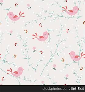 Nature seamless pattern with cute birds happy on sweet garden,vector illustration