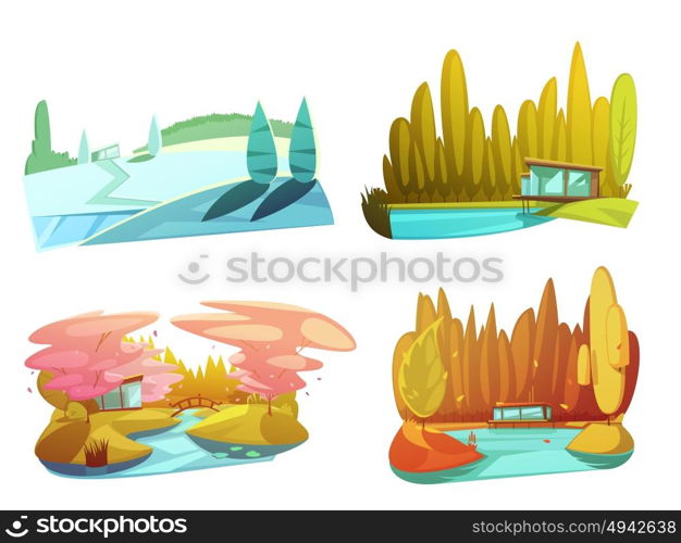 Nature Seasons 4 Icons Set Retro . Nature landscapes 4 seasonal drawings square composition with winter summer autumn and spring retro isolated vector illustration