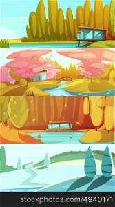 Nature Seasons Landscapes Horizontal Banners Set . Countryside landscapes seasons 4 horizontal banners set with winter summer autumn and spring retro isolated vector illustration
