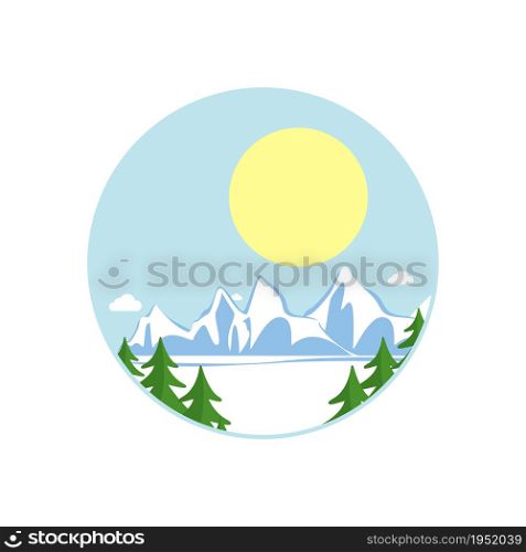 Nature, snowy mountains and sun, green forest and sky with clouds. Nature icon.