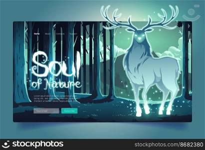Nature soul banner with mystical glowing deer silhouette in dark forest at night. Vector landing page with cartoon fantasy illustration of stag spirit of woodland and protector of wildlife. Nature soul banner with mystical glowing deer