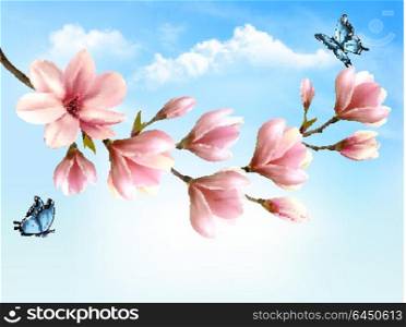 Nature spring background with beautiful magnolia branches and blue sky. Vector.