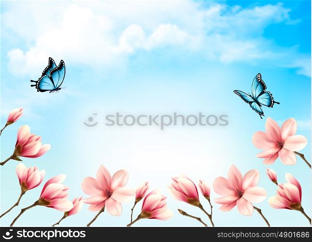 Nature spring background with beautiful magnolia branches on blue sky. Vector.