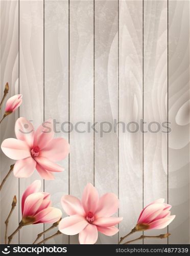 Nature spring background with beautiful magnolia branches on wooden sign. Vector.