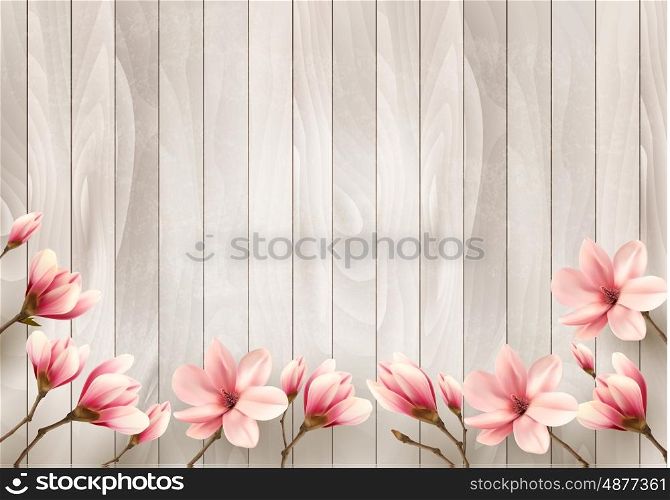Nature spring background with beautiful magnolia branches on wooden sign. Vector.
