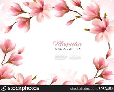 Nature spring background with beautiful magnolia branches. Vector.