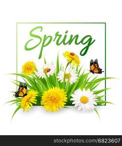 Nature spring background with grass, flowers and butterflies. Vector.