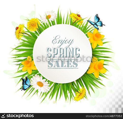 Nature spring background with narcissus, daisies and butterflies. Vector.