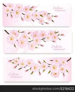 Nature spring banners with al pink sakura branches. Vector.