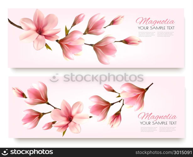 Nature spring banners with beautiful magnolia branches. Vector.