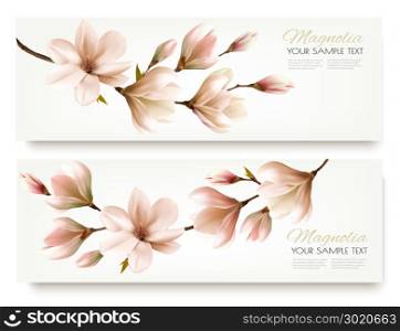 Nature spring banners with beautiful magnolia branches. Vector.