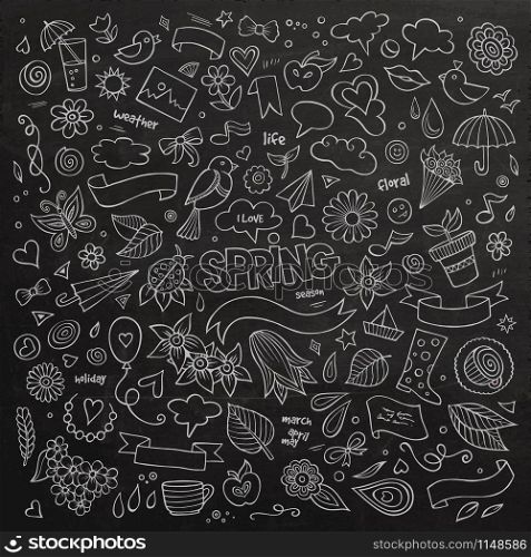 Nature spring hand drawn vector symbols and objects. Chalkboard design set. Nature spring hand drawn vector symbols and objects