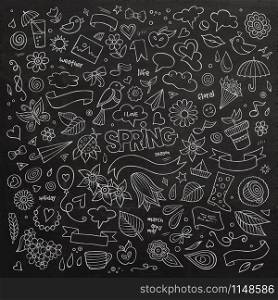 Nature spring hand drawn vector symbols and objects. Chalkboard design set. Nature spring hand drawn vector symbols and objects